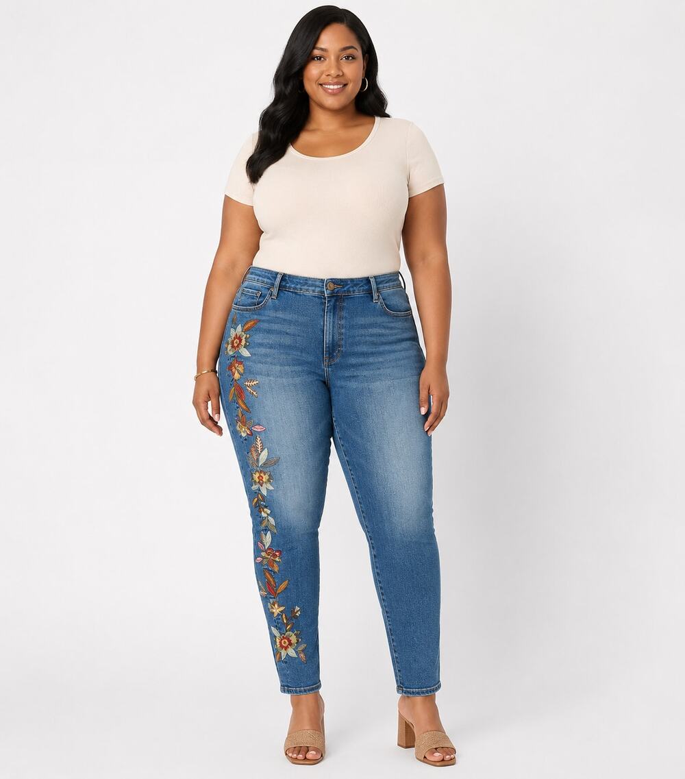 Driftwood Jackie Floral Embroidered Denim Jeans Feathery Leaf Women Plus Size 26